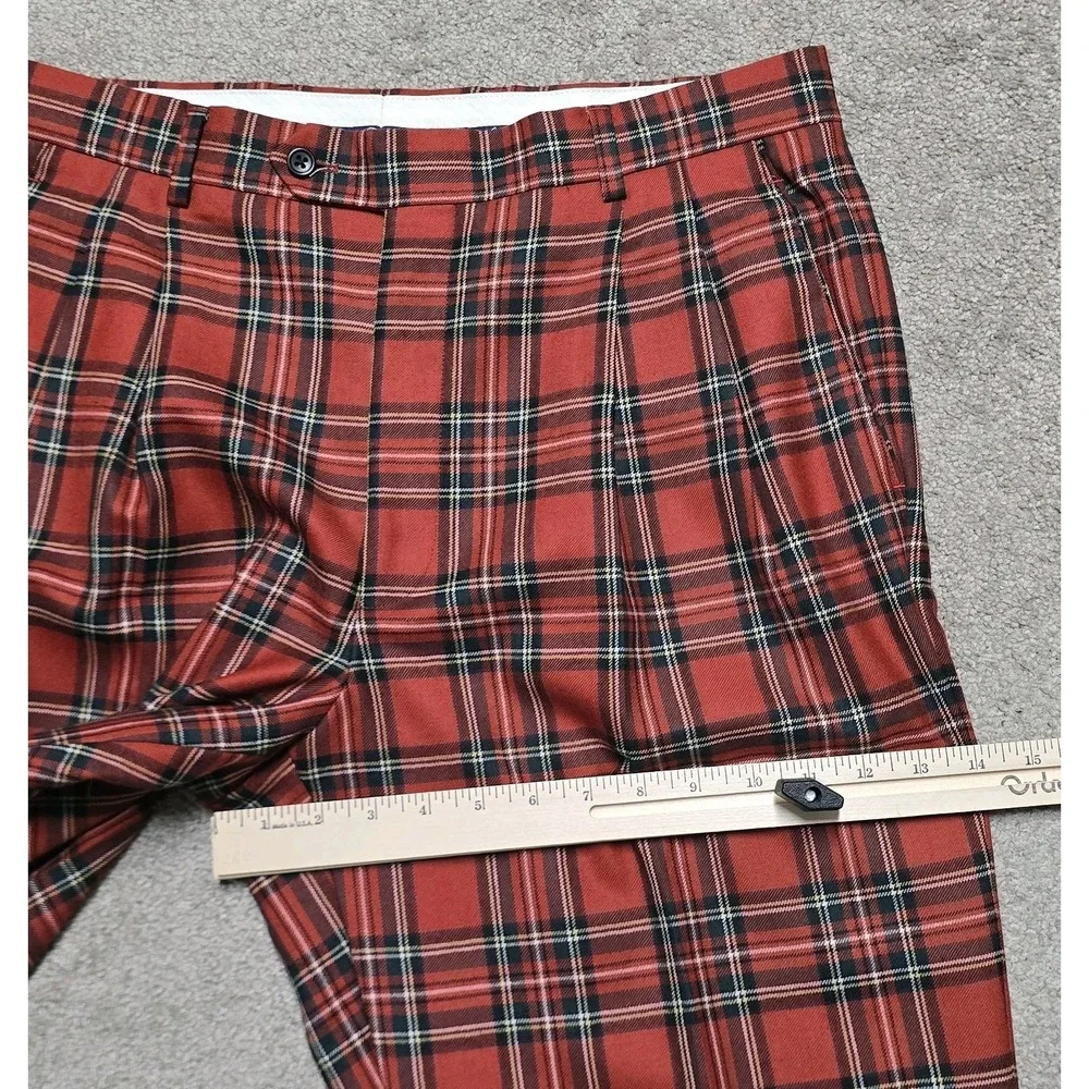 Paul Fredrick Vintage Red Tartan Plaid Wool Pants 35x32 Pleated Cuffed 80s